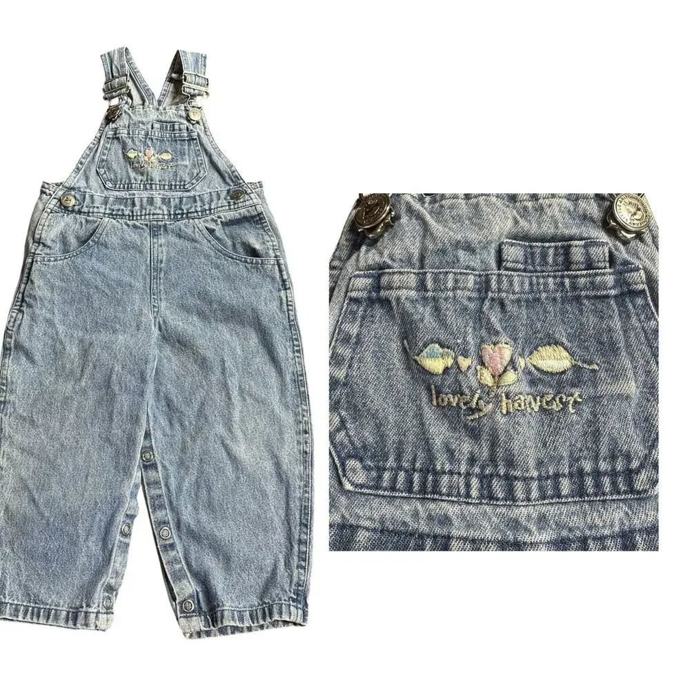 Vtg Arizona Jean Co Denim Bib Overalls Baby Girl 18M Lovely Harvest Fall 90s